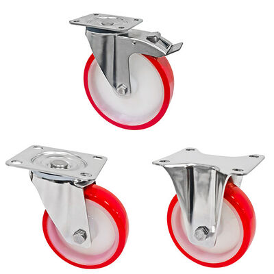 Stainless Steel 304 Red White PU 5 Inch 125mm Caster Wheels, Anti Rust Corrission Resistant Industrial Castor Trolley Wheels