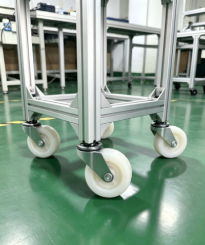 Industrial caster wheels on a metal frame in a manufacturing facility.
